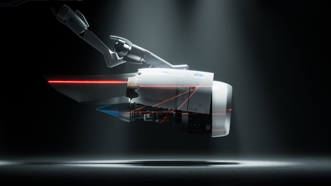 Engine with a red laser line in studio light